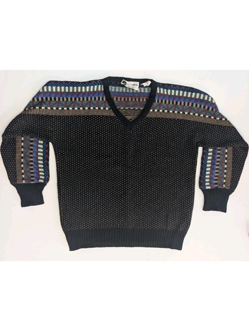 Vintage 80s Pierre Cardin Ski Sweater V-Neck Aztec Southwestern Wool Made Italy